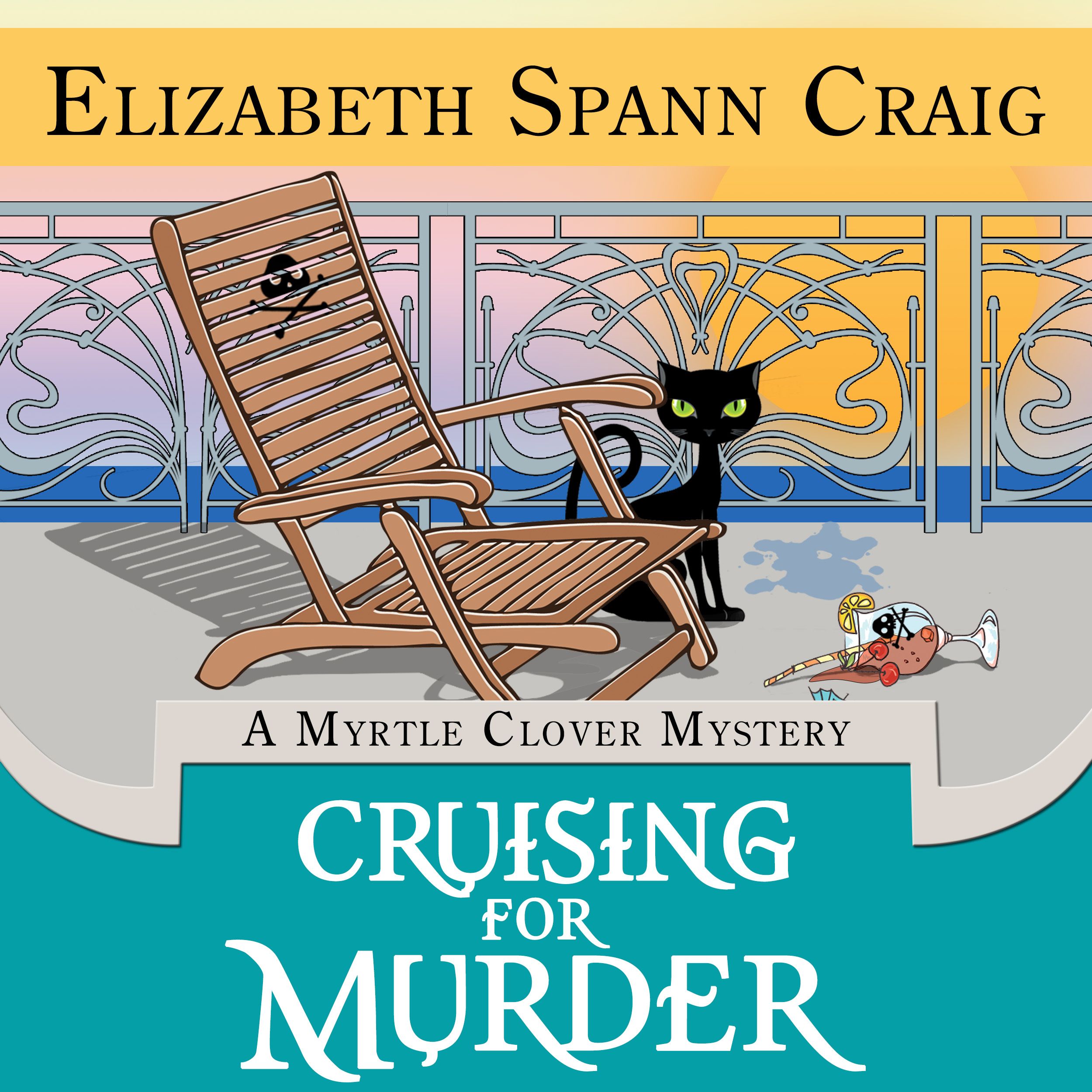 Cover of Cruising for Murder shows a black cat on the deck of a cruise ship next to a deck chair with a skull and crossbones on it.