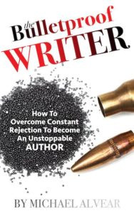 The Bulletproof Writer cover by Michael Alvear features an open bullet with gunpowder spilled out on a white background.