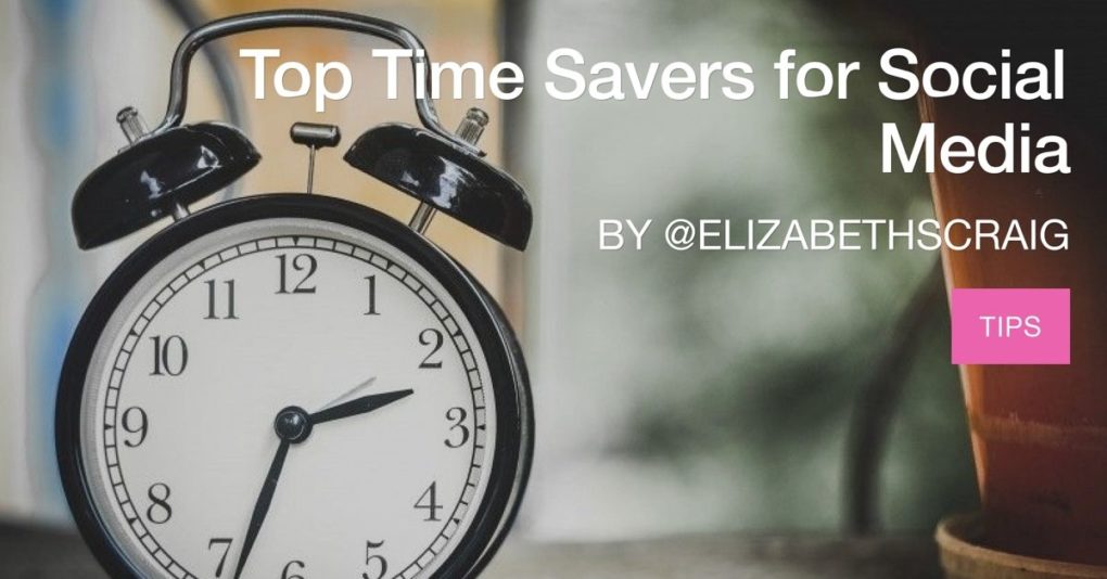 Image shows an alarm clock in the foreground and the post title, "Top Time Savers for Social Media" by Elizabeth S. Craig is superimposed. 