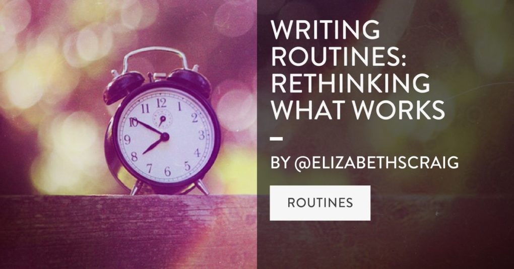 An old-fashioned alarm clock is pictured on the right side of the picture and the post title, Writing Routines: Rethinking What Works is on the left.