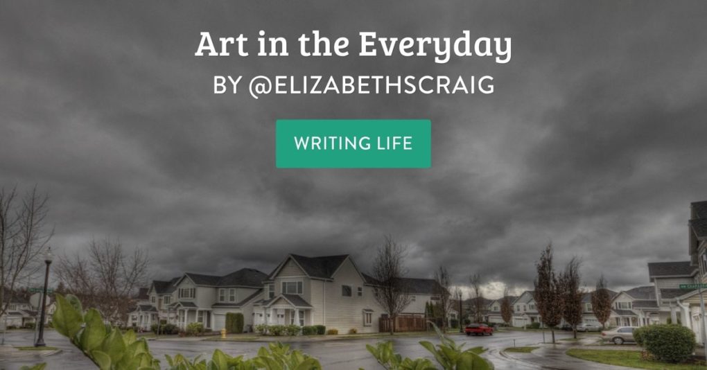 Storm clouds are in the background and a suburban row of homes is below them. The post title, 'Art in the Everyday' is superimposed on the photo.