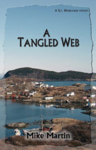 Cover shows a coastal village with the name of the book "A Tangled Web" by Mike Martin, superimposed on the front. 