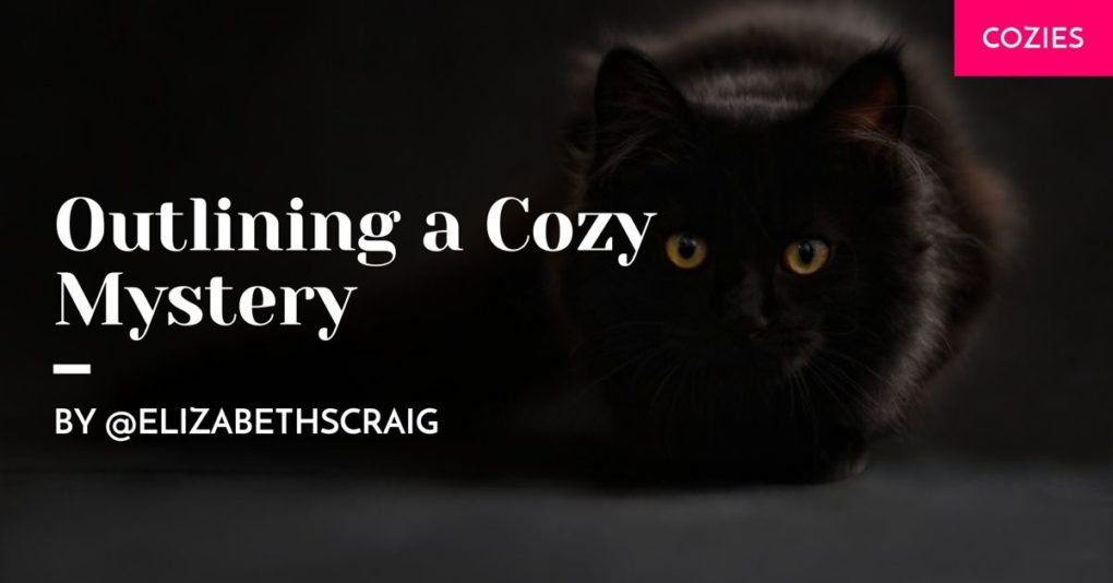 A black cat sits to the left side of a dark background while the post title, 'Outlining a Cozy Mystery' is superimposed on the side.