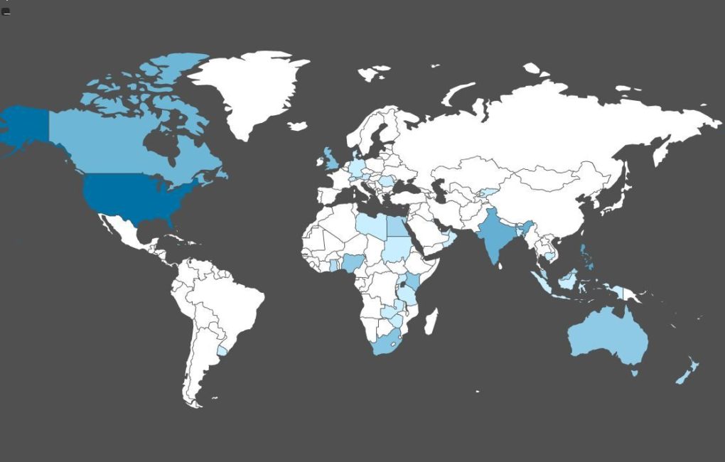 Map showing readers in South America, Africa, Europe, Asia. 