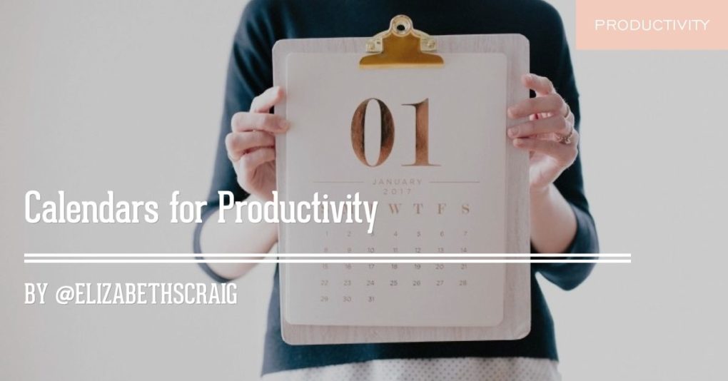 Woman in a blue top holds a monthly calendar and the post title, "Calendars for Productivity" is superimposed on the top.