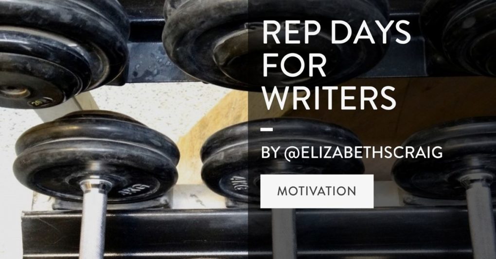 A weight room shows weights resting on racks and the post title, "Rep Days for Writers" is superimposed on the top.