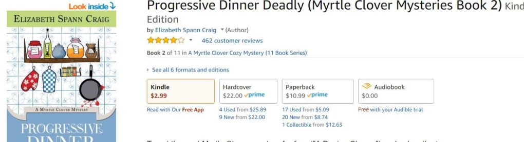 A view of the title "Progressive Dinner Deadly" on Amazon, showing the different prices in the different formats. 