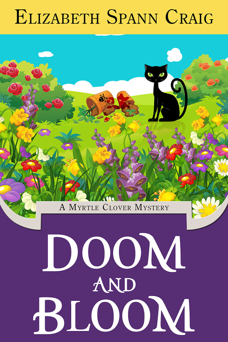 Doom and Bloom cover with a black cat sitting in a field of flowers.